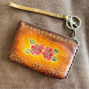 Floral Leather Wristlet Keychain Coin Purse